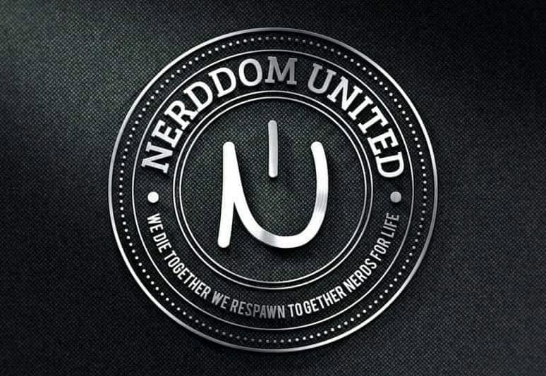The official Nerddom United emblem — a silver seal with the NU monogram, ringed by “Nerddom United” and the motto “We die together, we respawn together, nerds for life.”